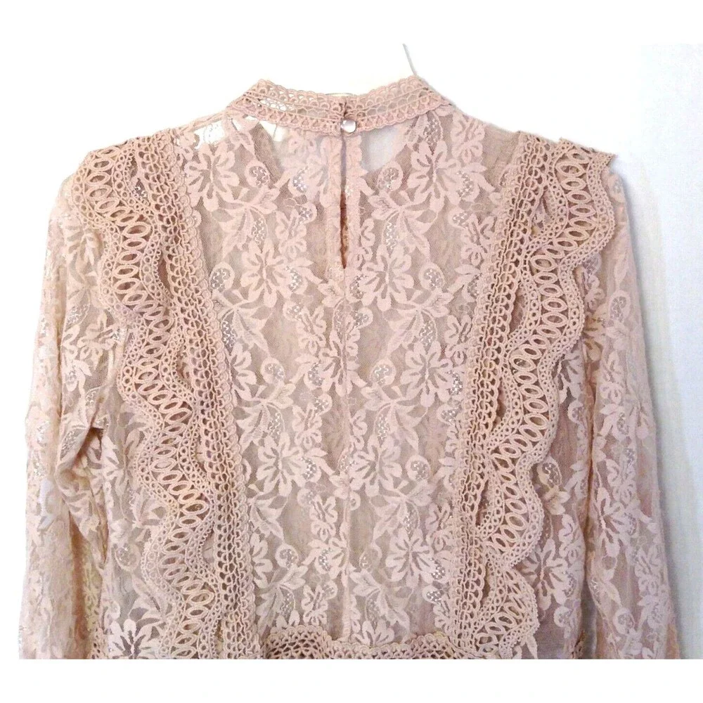 Crochet Lace Embroidered Top Wn S Beige Long Sleeve Blouse Sheer Fairy Boho Y2K